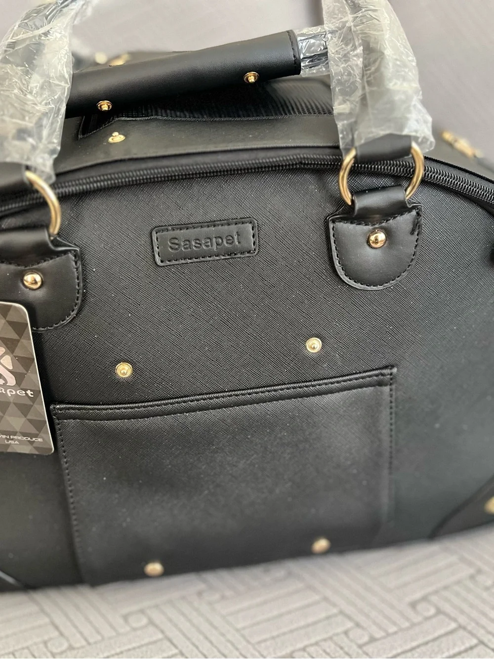 Black Small Pet Carrier Bag with Gold Accents